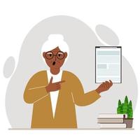 abuela gritando con la boca abierta sosteniendo un portapapeles con un documento y señalando con el dedo. ilustración plana vectorial vector
