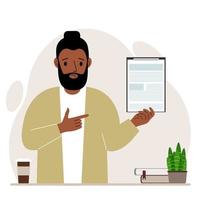 Sad man holding a clipboard with a document and points his finger at it. Vector flat illustration