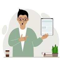 Screaming man with open mouth holding a clipboard with a document and points his finger at it. Vector flat illustration