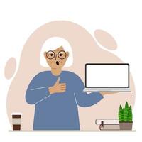 A grandmother holds a laptop computer on his hand and shows a thumbs up sign. Laptop computer technology concept. Vector flat illustration.