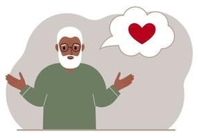 Happy grandfather thinks about love. In the balloon of thought is a red heart. Vector flat illustration