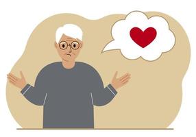 Sad grandfather thinks about love. In the balloon of thought is a red heart. Vector flat illustration