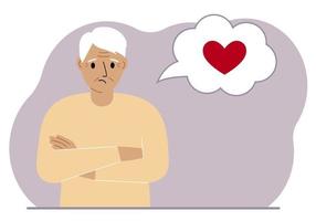 Sad grandfather thinks about love. In the balloon of thought is a red heart. Vector flat illustration