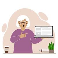 abuela gritando sosteniendo una computadora portátil con una mano y señalándola con la otra. concepto de tecnología de computadora portátil. ilustración plana vectorial