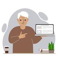 Sad grandfather holding a laptop computer with one hand and pointing at it with the other. Laptop computer technology concept. Vector flat illustration