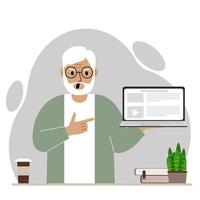 Screaming grandfather holding a laptop computer with one hand and pointing at it with the other. Laptop computer technology concept. Vector flat illustration