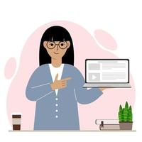 Happy woman holding a laptop computer with one hand and pointing at it with the other. Laptop computer technology concept. Vector flat illustration