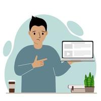 Sad man holding a laptop computer with one hand and pointing at it with the other. Laptop computer technology concept. Vector flat illustration