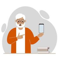 un abuelo que grita sostiene un teléfono móvil en una mano y lo señala con el dedo índice de la otra mano. ilustración plana vectorial vector