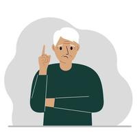 Sad grandfather holding his index finger up. Vector flat illustration