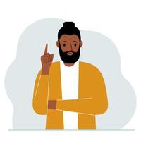 Sad man holding his index finger up. Vector flat illustration