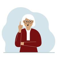 Screaming grandmother holding his index finger up. Vector flat illustration