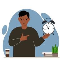 Modern concept of time management illustration. A smiling man holds an alarm clock in his hand and the second points to it. Vector flat illustration