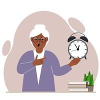 Modern concept of time management illustration. A screaming woman holds an alarm clock in his hand and the second points to it. Vector flat illustration