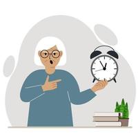 Modern concept of time management illustration. A screaming woman holds an alarm clock in his hand and the second points to it. Vector flat illustration