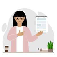 Contented woman holding a clipboard with a document and points his finger at it. Vector flat illustration