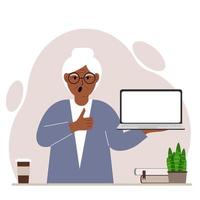 A grandmother holds a laptop computer on his hand and shows a thumbs up sign. Laptop computer technology concept. Vector flat illustration.