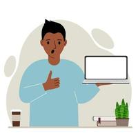 A man holds a laptop computer on his hand and shows a thumbs up sign. Laptop computer technology concept. Vector flat illustration.