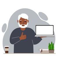 A grandfather holds a laptop computer on his hand and shows a thumbs up sign. Laptop computer technology concept. Vector flat illustration.