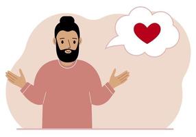 Happy man thinks about love. In the balloon of thought is a red heart. Vector flat illustration