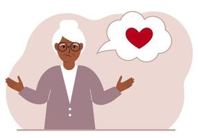 Sad grandmother thinks about love. In the balloon of thought is a red heart. Vector flat illustration