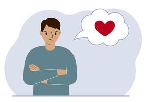 Sad man thinks about love. In the balloon of thought is a red heart. Vector flat illustration