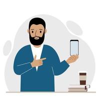 A happy man holds a mobile phone in one hand and points at it with the index finger of his other hand. Vector flat illustration