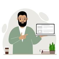 Happy man holding a laptop computer with one hand and pointing at it with the other. Laptop computer technology concept. Vector flat illustration