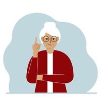 Sad grandmother holding his index finger up. Vector flat illustration