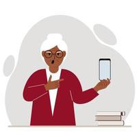 A screaming grandmother holds a mobile phone in one hand and points at it with the index finger of his other hand. Vector flat illustration