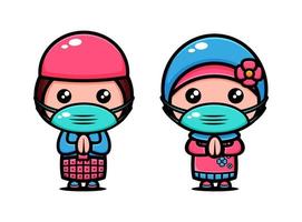 Cute muslim couple character design themed wear the mask. Islamic character cartoon vector