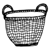 Hand drawn single doodle wicker rattan basket icon. Vector illustration.