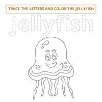 Trace the letters and color the jellyfish.Game for kids. vector