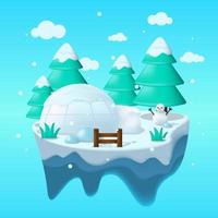 isla flotante de invierno en ilustración plana con casa de hielo, hombre de nieve y panorama de hielo. ilustración de la isla de hielo. fondo vectorial de invierno apto para portada, ilustración, pancarta, afiche, etc. vector