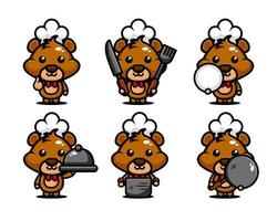 cute bear chef character design set with cooking equipment vector