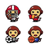 cute monkey character design set themed sport actor , football, basketball, rugby, judge vector