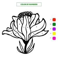 Color hand drawn cute single doodle flower in bloom by numbers. Vector illustration.