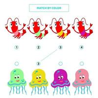 Match cute cartoon jellyfish and shrimp by color. vector