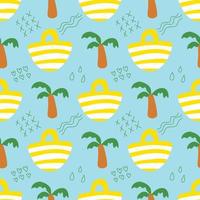Seamless pattern with summer on blue background. Tote bags and coconut trees. vector