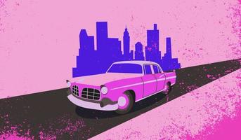 coche de estilo retro en la carretera rosa está conduciendo