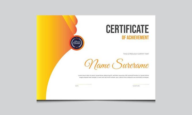 Appreciation certificate best award template. Orange, black with white Design. Creative certificate design, Print, mockup