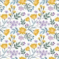 Blooming yellow flowers and small purple flowers seamless pattern. vector