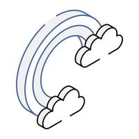 nubes con arco iris que muestran un clima agradable, icono isométrico de contorno vector