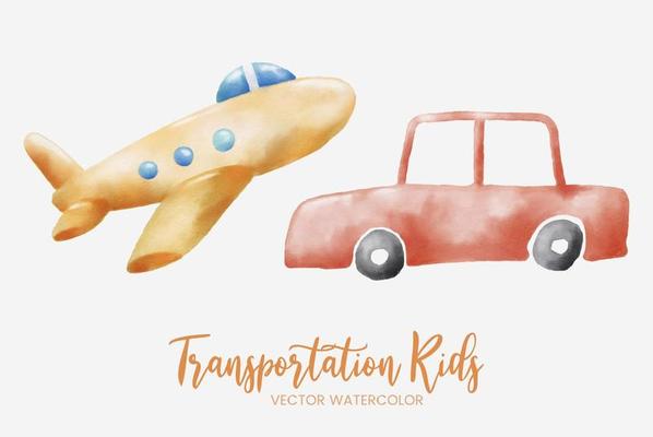 kids transportation car and plane watercolor set collection art graphic  design illustration 7504519 Vector Art at Vecteezy