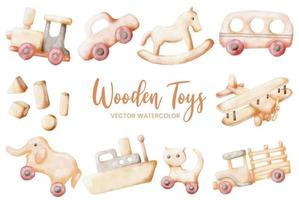juguetes de madera acuarela conjunto colección arte diseño gráfico ilustración vector