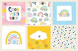 Scandinavian style rainbow. Set for decorating a children's room, birthday, printing on fabric. 2 seamless patterns, 2 isolated elements, print lettering, character. Vector illustration, hand-drawn