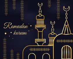 card for holy holiday of Ramadan. On dark background, golden drawing of silhouette and congratulatory inscription for Muslim religious holiday. Vector illustration, flat