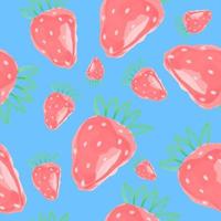 Hand drawn strawberry seamless vector pattern. Pink strawberries and green leaves on white backgroun