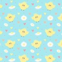 Seamless pattern with cute yellow chick, daisy flowers and hearts. vector