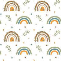 Boho rainbows, twig, star and moon seamless pattern. Scandinavian design background. vector